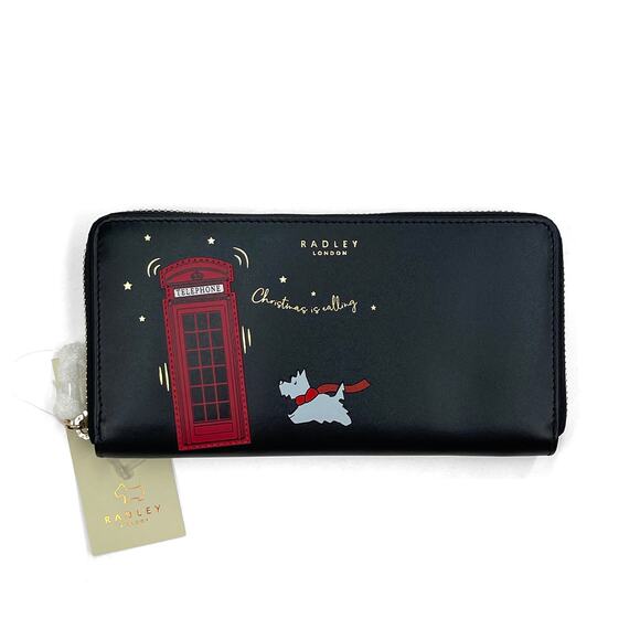 Radley London Christmas Is Calling Large Zip Wallet New $138 Black Leather - Picture 1 of 10